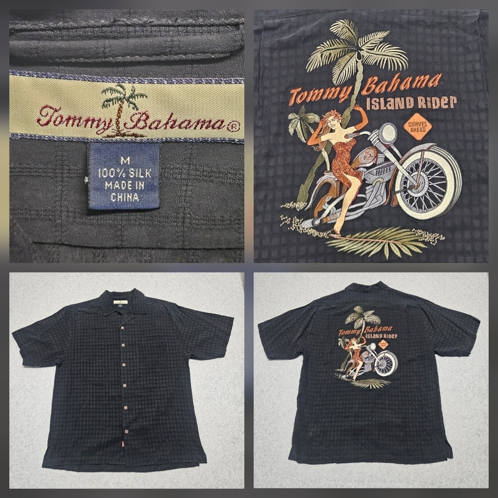 Tommy Bahama Island Rider Curves Ahead  Mens Medium Black Silk Shirt Hawaiian